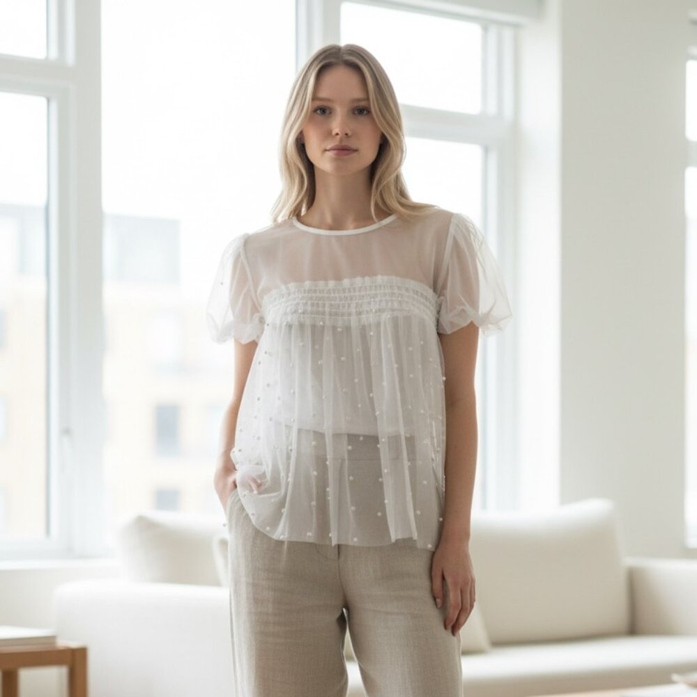 Impulsive Sheer Mesh Pearl Embellished Babydoll Top Size L